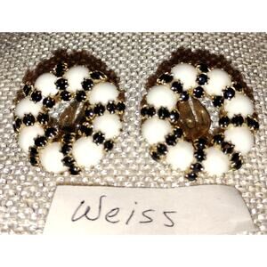Vintage Weiss Milk Glass & Black Rhinestone Clip-On Earrings – 1950s–1960s